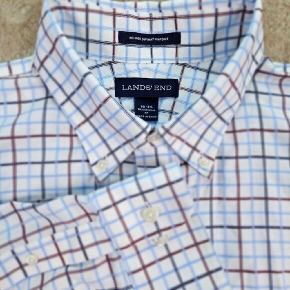 Lands End Dress Shirt No Iron Supima Pinpoint Traditional Fit Plaid Mens 16-35